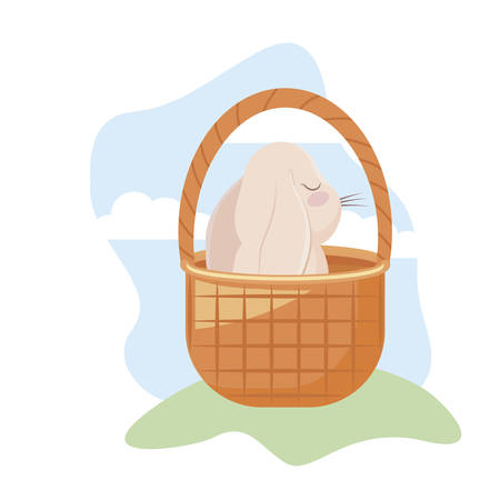 cute rabbit with basket wicker in grass vector illustration designのイラスト素材