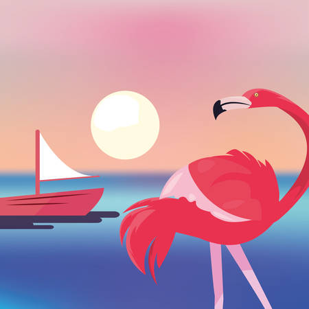 summer time holiday flamingo boat sunset sea background   vector illustrationのイラスト素材