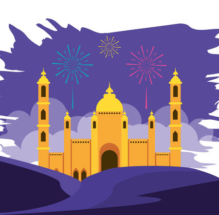 ramadan kareem mosque building with fireworks vector illustration designのイラスト素材