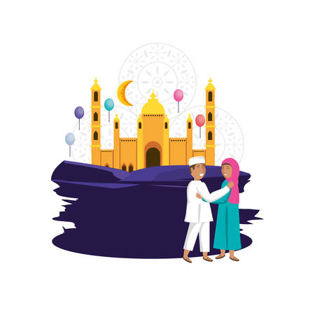 islamic couple lovers with ramadan kareem building vector illustration designのイラスト素材