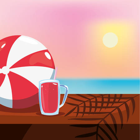 summer time holiday ball and juice on table sun background vector illustrationのイラスト素材