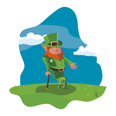 saint patrick lemprechaun with cane in the field vector illustration designのイラスト素材