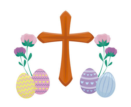 wooden catholic cross with eggs of easter and flowers vector illustration designのイラスト素材
