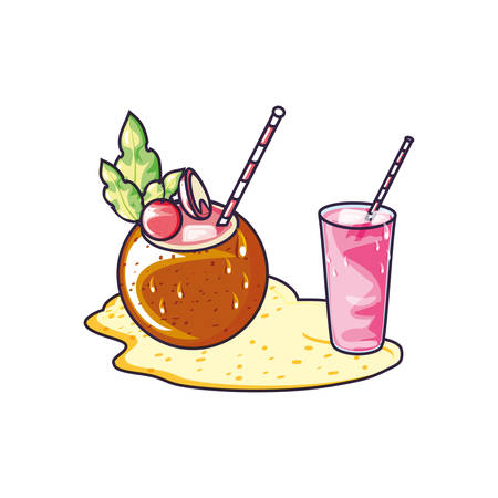 refresh juice in the beach with cocktail coconut vector illustration designのイラスト素材