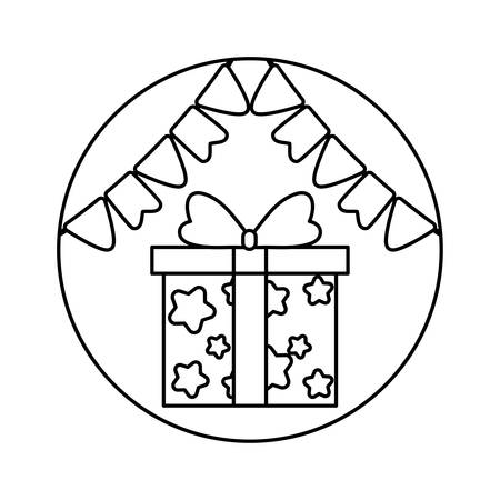 gift box present in frame circular with garlands hanging vector illustration designのイラスト素材