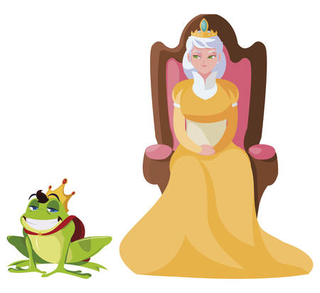 queen on throne with toad prince characters vector illustration designのイラスト素材