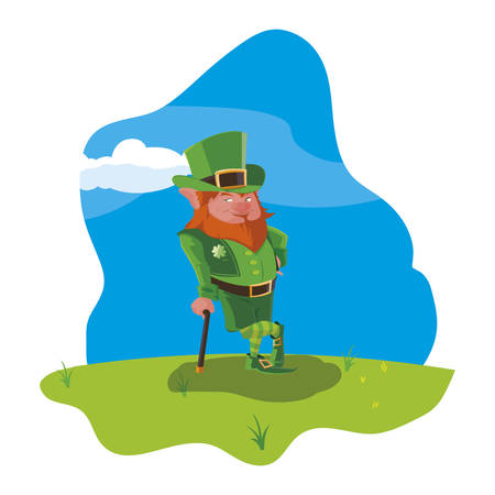 saint patrick lemprechaun with cane in the field vector illustration designのイラスト素材