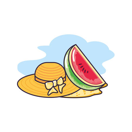 hat female wicker in the beach with slice of watermelon vector illustration designのイラスト素材