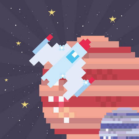 spaceship battle pixel background video game retro vector illustrationのイラスト素材