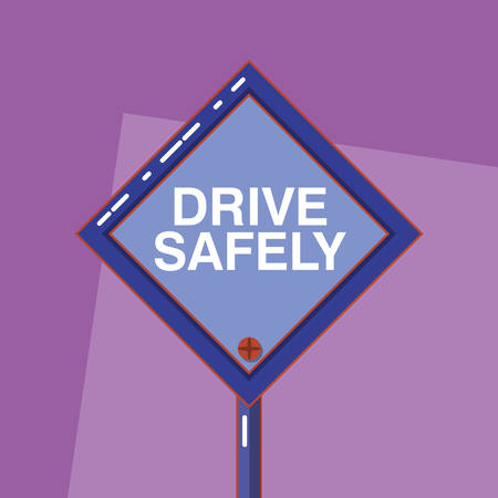 drive safely design with warning sign icon over purple background, colorful design vector illustrationのイラスト素材