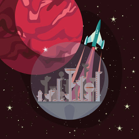 rocket spaceship futire city stars galaxy vector illustrationのイラスト素材