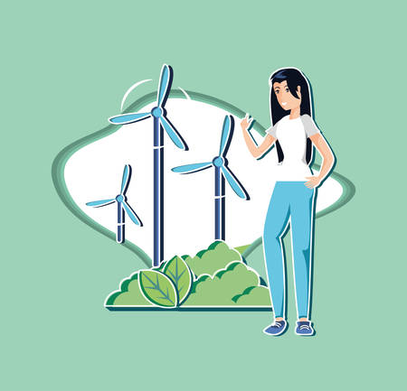 young woman with windmill in eco friendly scene vector illustration designのイラスト素材