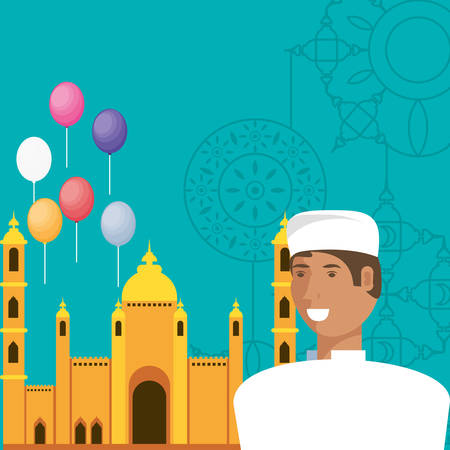 islamic man with ramadan kareem building vector illustration designのイラスト素材