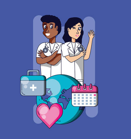 couple doctors with set icons vector illustration designのイラスト素材