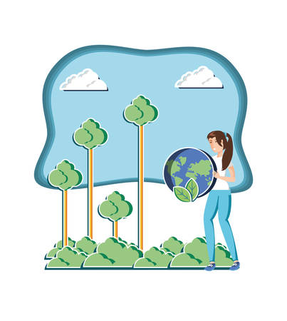 young woman with world in eco friendly scene vector illustration designのイラスト素材