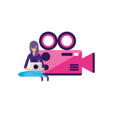 woman using laptop with video camera app vector illustration designのイラスト素材