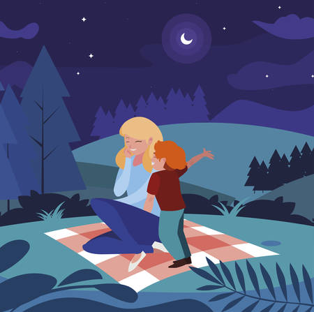 beautiful mother with son in the landscape picnic day vector illustration designのイラスト素材