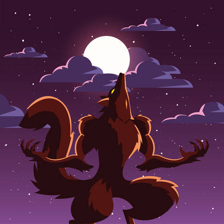 angry wolf howling to the moon in scene of halloween vector illustration designのイラスト素材