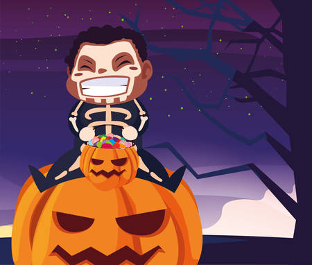 boy disguised as a skull dead in scene of halloween vector illustration designのイラスト素材