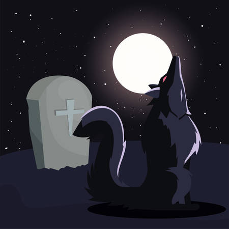 angry wolf howling in cemetery scene vector illustration designのイラスト素材
