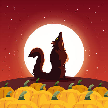 angry wolf howling to the moon in scene of halloween vector illustration designのイラスト素材