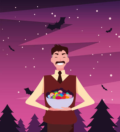 man with candies in halloween night vector illustration designのイラスト素材