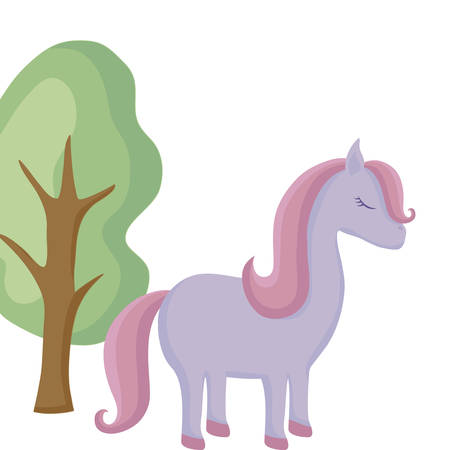 cute unicorn animal with tree plant vector illustration designのイラスト素材