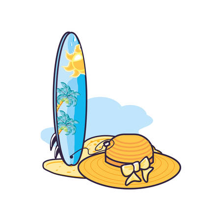 hat female wicker in the beach with surfboard vector illustration designのイラスト素材