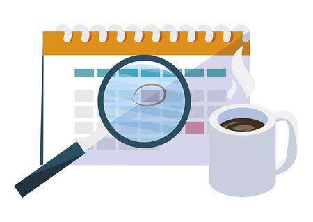 calendar reminder with coffee cup and magnifying glass vector illustration designのイラスト素材