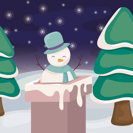 cute snowman entering the chimney on winter landscape vector illustration designのイラスト素材