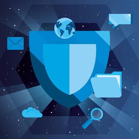 shield global analysis file cloud storage cybersecurity data protection vector illustrationのイラスト素材