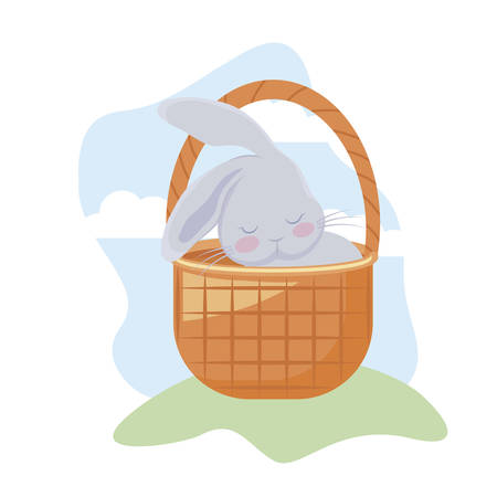 cute rabbit with basket wicker in grass vector illustration designのイラスト素材