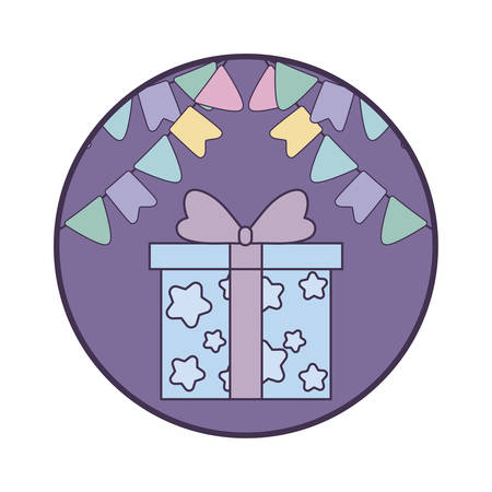 gift box present in frame circular with garlands hanging vector illustration designのイラスト素材