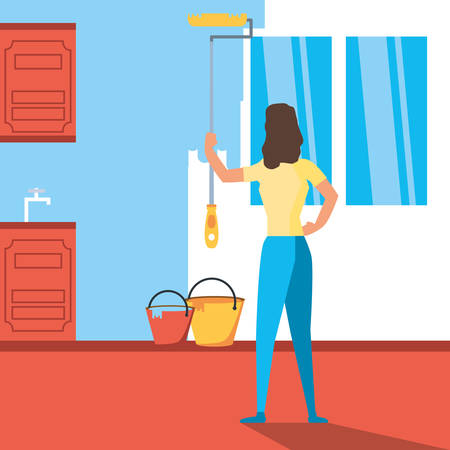 woman painting interior of house under construction vector illustration designのイラスト素材