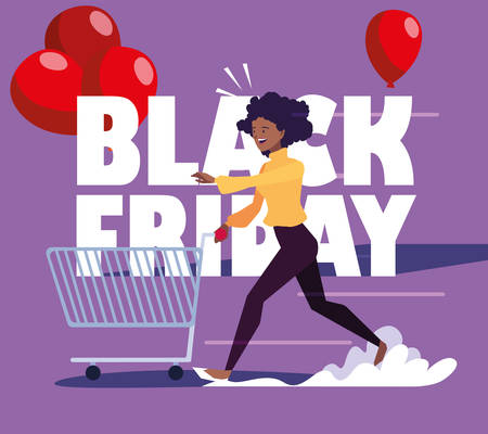 woman with shopping cart and black friday label vector illustration designのイラスト素材