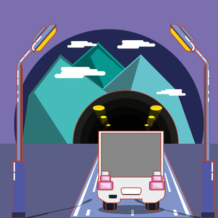 cargo truck on the road and tunnel over purple background, colorful design. vector illustrationのイラスト素材