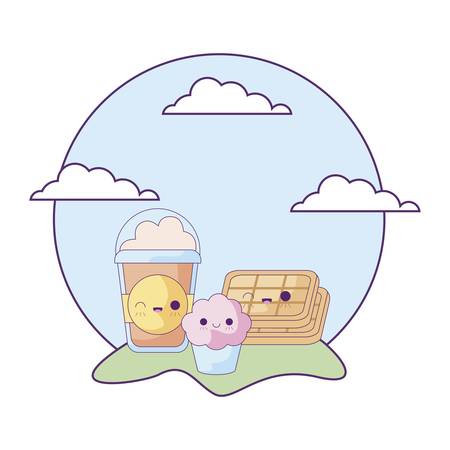milkshake with set food in landscape kawaii style vector illustration designのイラスト素材