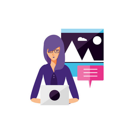 woman using laptop with speech bubble and picture vector illustration designのイラスト素材
