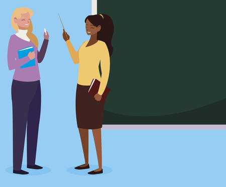 interracial female teachers couple with textbooks and chalkboard vector illustrationのイラスト素材