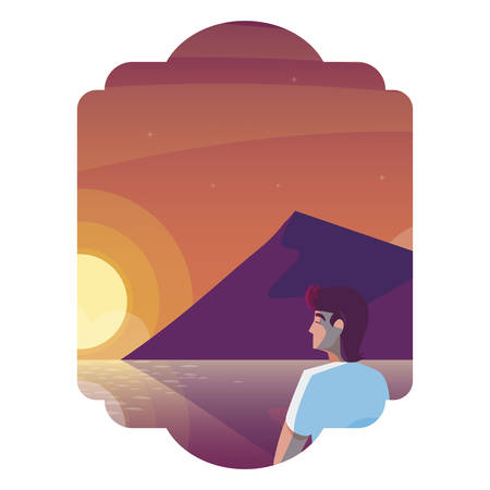 man contemplating horizon in lake and mountains scene vector illustration designのイラスト素材