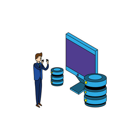 businessman worker with computer and data center disks vector illustration designのイラスト素材