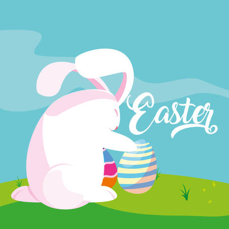 cute rabbit with eggs of easter in grass vector illustration designのイラスト素材