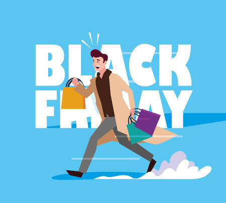 man with shopping bags and black friday label vector illustration design vector illustration designのイラスト素材