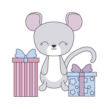 cute mouse with gift boxes vector illustration designのイラスト素材