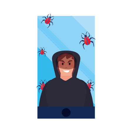 hacker man smartphone virus cybersecurity data protection vector illustrationのイラスト素材
