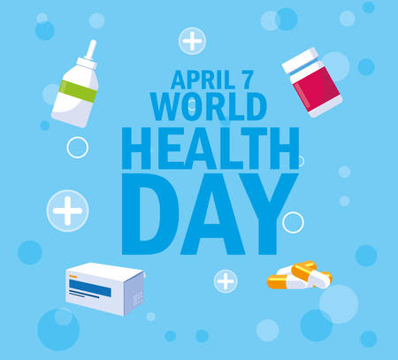 world health day card with bottles and medicines vector illustration designのイラスト素材