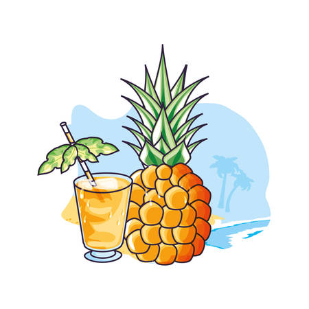 cocktail of pineapple with glass of juice in the beach vector illustration designのイラスト素材
