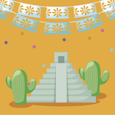 viva mexico celebration with pyramid and icons vector illustration designのイラスト素材