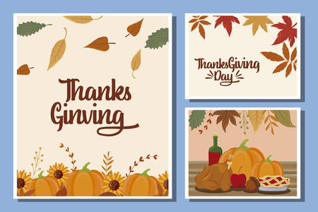 set of cards with label happy thanksgiving vector illustration designのイラスト素材