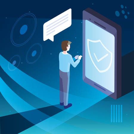 man with smartphone screen and mobile applications vector illustration designのイラスト素材